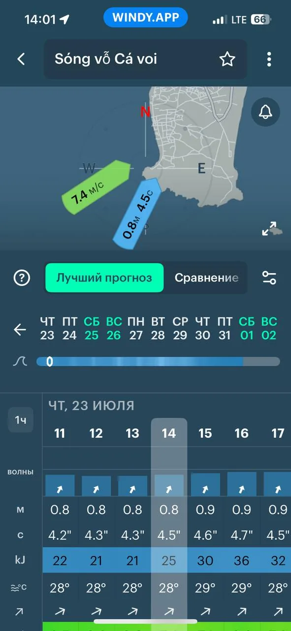 Пример прогноза волн и воды для спота Мыс Муйне
