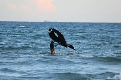 A student lifts a Core wing above the water